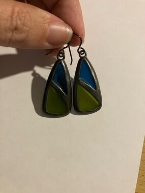 Stained Glass Blue and Green Triangle Inlay Drop Earrings